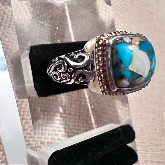 Spiny Oyster Mohave Turquoise & sterling Silver Filagree Rope Ring Size 10 New - Picture 1 of 7